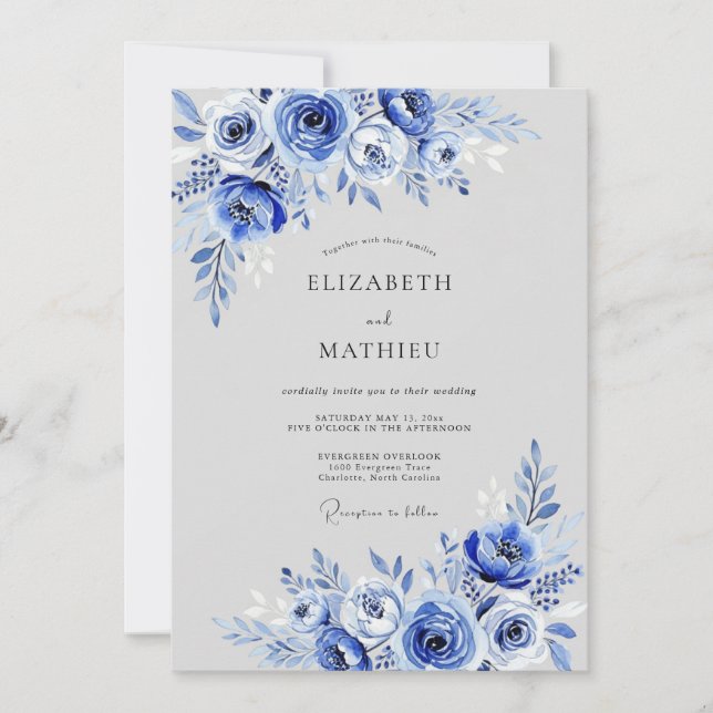 Convites Cobalt Blue Floral Whimsy Wedding (Frente)