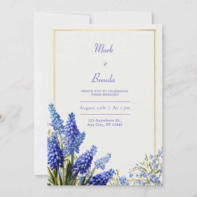Convites Cobalt Blue Muscari Botanical Gold Frame Wedding (Frente)