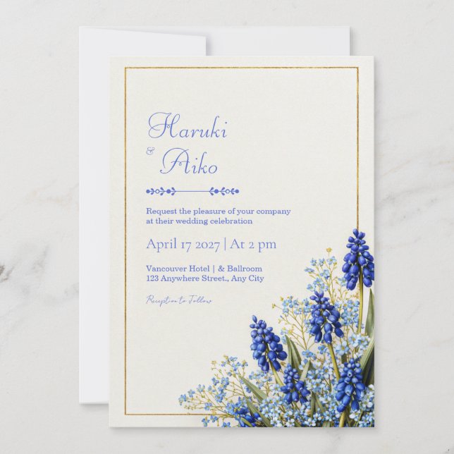 Convites Cobalt Blue Muscari Botanical Gold Frame Wedding (Frente)