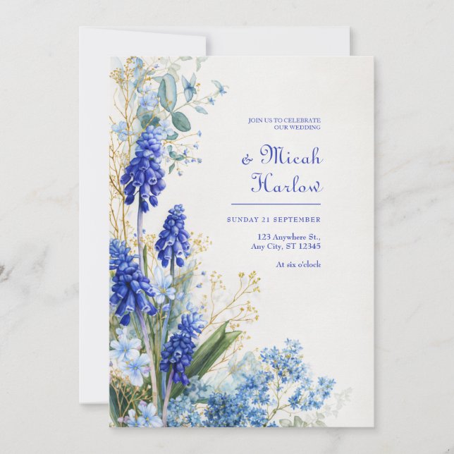 Convites Cobalt Blue Muscari Watercolor Botanical Border (Frente)