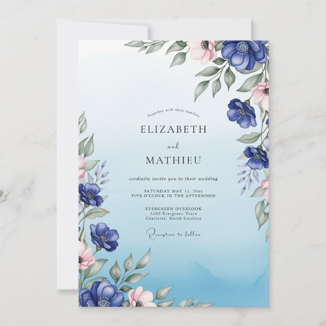 Convites Cobalt Blue Radiant Botanical Wedding (Frente)
