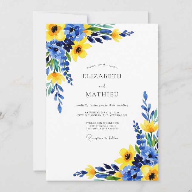 Convites Cobalt Blue Sunny Botanical Wedding (Frente)