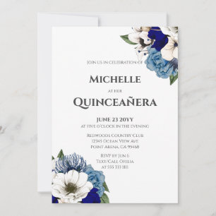 Convites Cobalt Dusty Blue Watercolor Quinceañera Floral