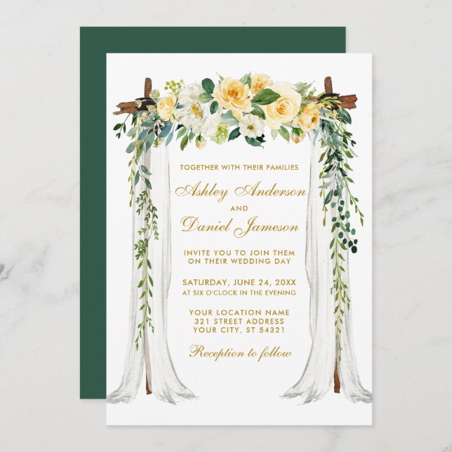 Convites Cobra de Casamento Verde Dourada Aquarela Amarelo  (Frente/Verso)