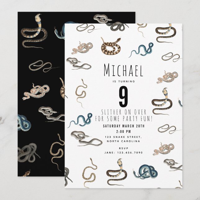 Convites Cobras Coloridos Festa de aniversário De Animais R (Frente/Verso)