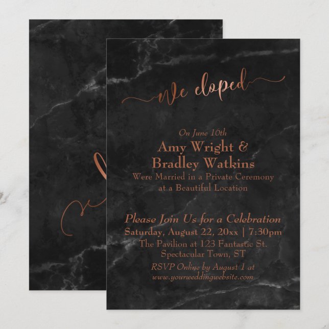 Convites Cobre Escrito Nós Fugimos Escrito em Mármore Preto (Frente/Verso)