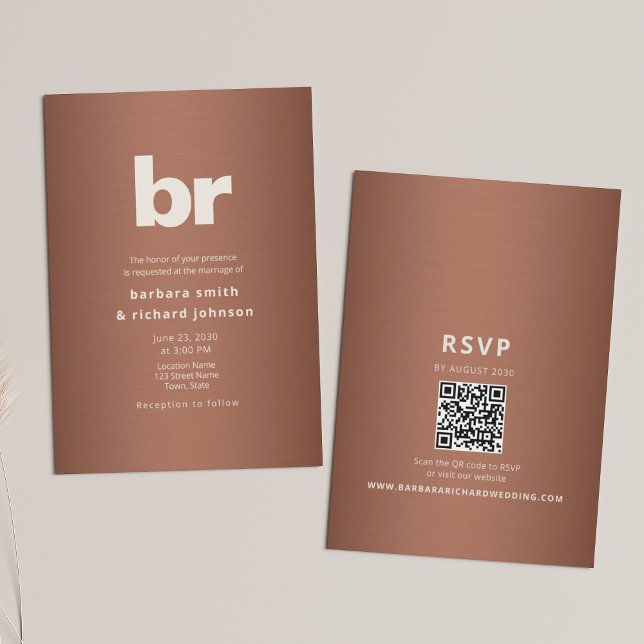 Convites Cobre Marrom Minimalista Casamento QR (Criador carregado)