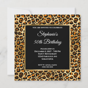Convites Cobre Preto e Dourado Leopardo Glam 50º Aniversári