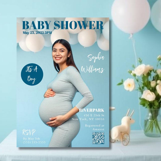 Convites Cobrir da Chá de fraldas Magazine (Baby Shower Magazine Cover Invitation blue )