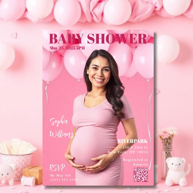 Convites Cobrir da Chá de fraldas Magazine (Baby Shower Magazine Cover Invitation Pink with balloons)