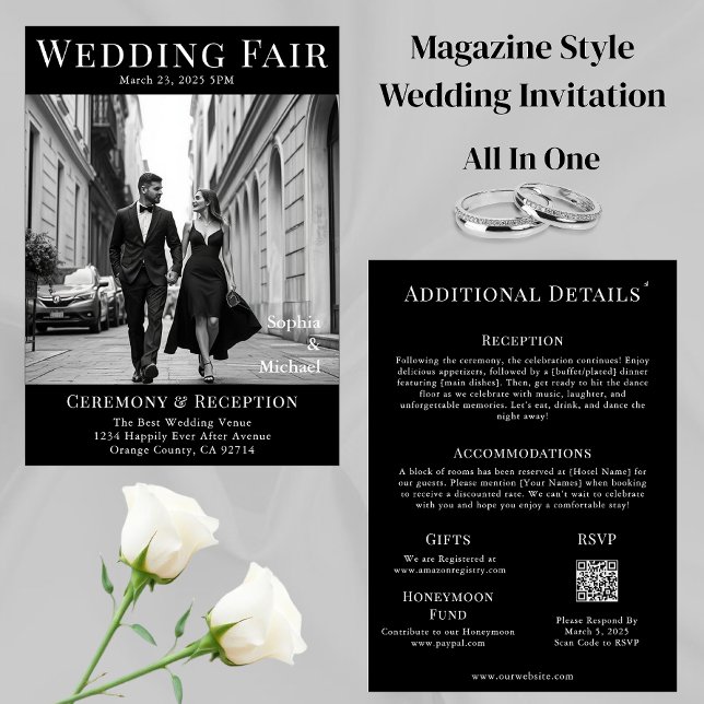 Convites Cobrir da Revista de Casamento Negro e Branco (Black and White Wedding Magazine Cover  Invitation All in One)