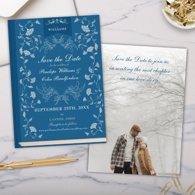 Convites Cobrir do Livro Azul Elegante Casamento Salve a Da (Teal Blue Turquoise Hollywood Regency Era Victorian Floral Library Book Cover Wedding Save the Date)