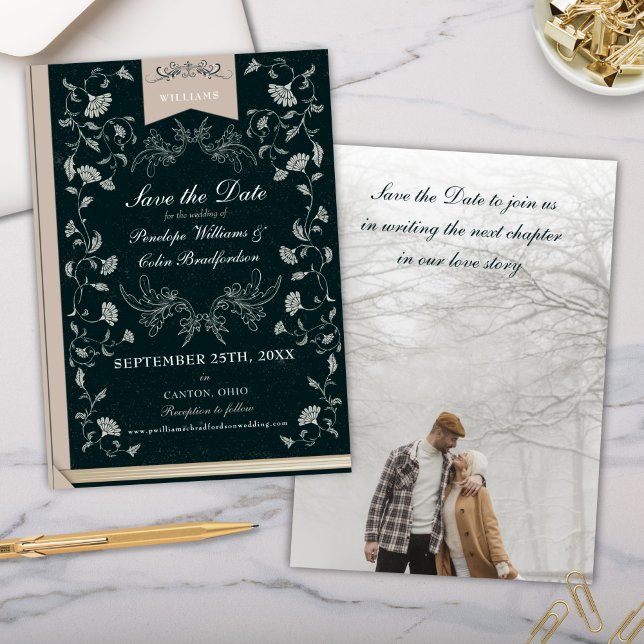 Convites Cobrir do Livro Negro Elegante Casamento Salve a D (Vintage black and beige victorian era wedding save the date invitations)