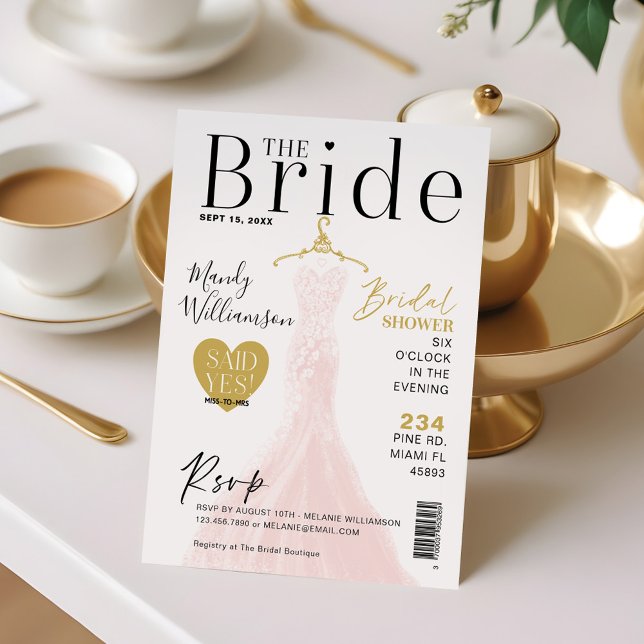 Convites Cobrir I da Revista de Chá de panela de Vestido de (Bride Wedding Dress Bridal Shower Magazine Cover I Invitation)