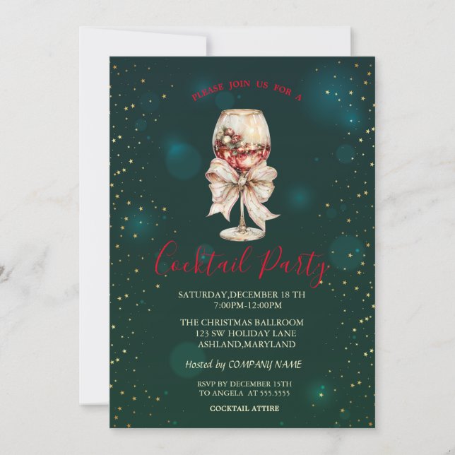 Convites  Cocktail Bow Stars Green Christmas Party  (Frente)