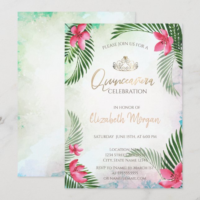 Convites Cocktail de Palma de Flor Tropical Verão Quinceañe (Frente/Verso)