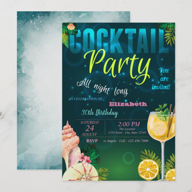 Convites Cocktail, Festa de aniversário de Verão de Seashel (Frente/Verso)