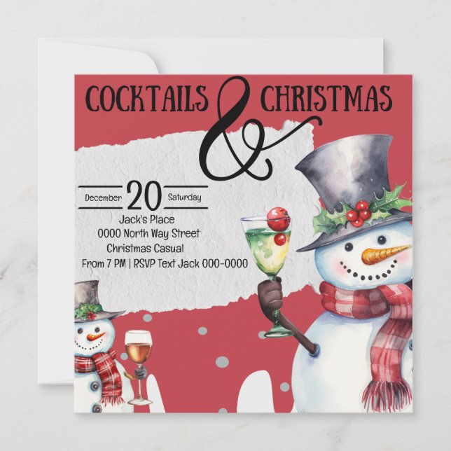 Convites Cocktails e Snowmen de Natal com Bebidas (Frente)