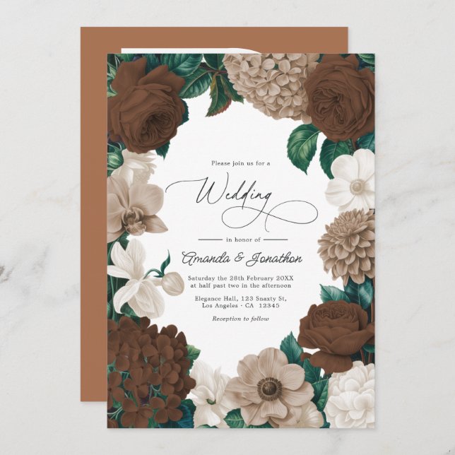 Convites Cocoa Bean, Mushroom Taupe & Vanilla Cream Wedding (Frente/Verso)