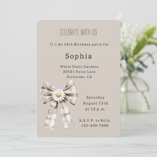 Convites Cocoa Cream White Bow Daisy Flower Birthday (Em pé/Frente)