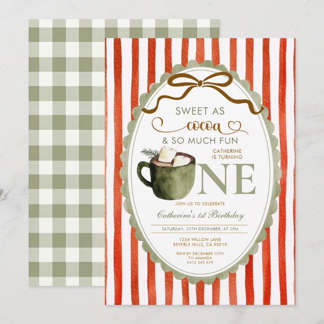 Convites Cocoa Quente Vermelho Verde Gingham 1º aniversário (Frente/Verso)