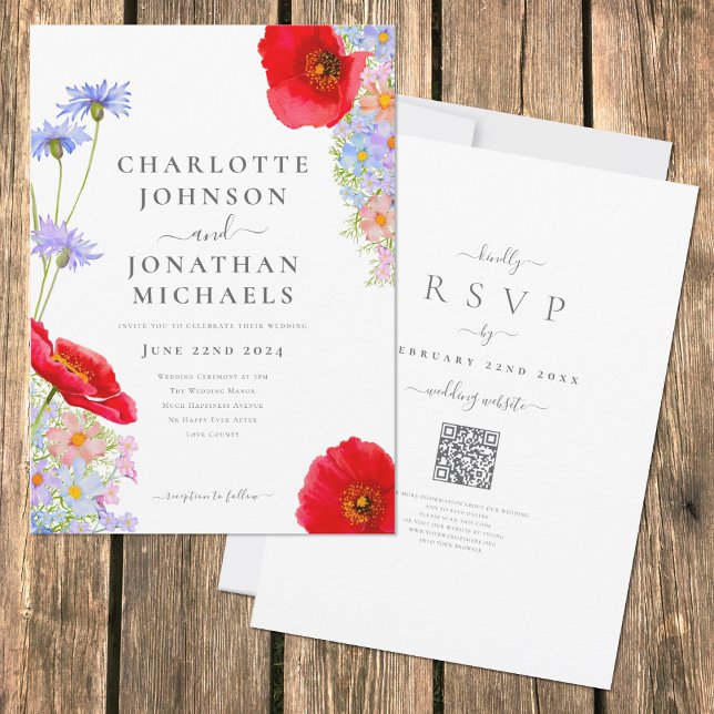 Convites Cód. Cód. d. Vinho Marinho Boho Código QR (Elegant colorful wildflower boho wedding invitation with qr code and website rsvp)