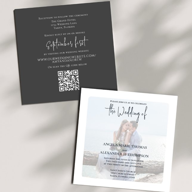 Convites Cód. QR do Código Elegante RSVP Online Castanho Ne (Elegant photo neutral brown wedding invitation with a scannable QR code.)
