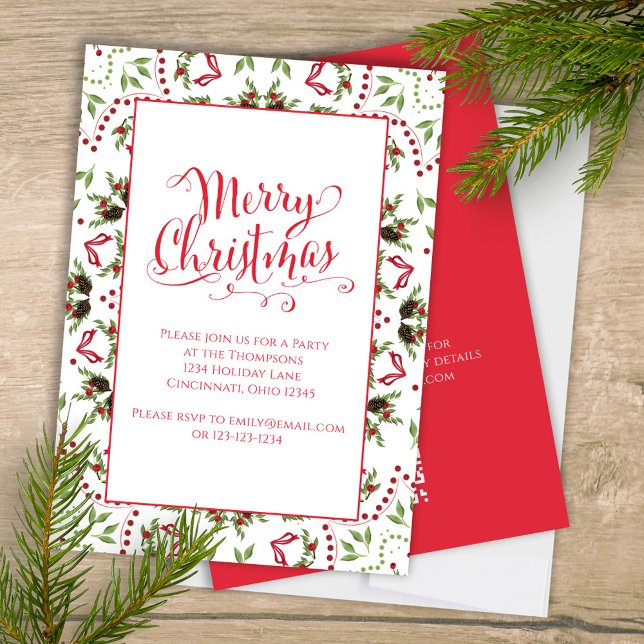 Convites Cód. QR do Partido Pinecone Vermelho Vermelho Feli (Merry Christmas holiday party invitation with whimsical calligraphy script. )