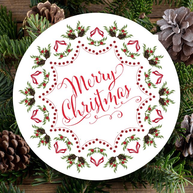 Convites Cód. QR do Partido Pinecone Vermelho Vermelho Feli (Merry Christmas holiday party invitation with whimsical calligraphy script. )