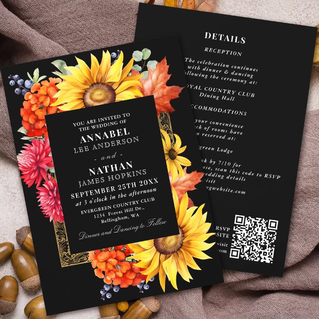Convites Cód. QR Floral Floral do Autumn Preto (Criador carregado)