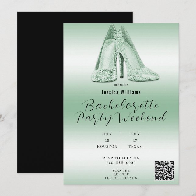 Convites CÓDIGIGO QR Sapatos com Brilho Verde Festa de Desp (Frente/Verso)
