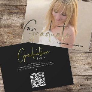 Convites Código de QR de Foto Preta do Formando Dourado Míd