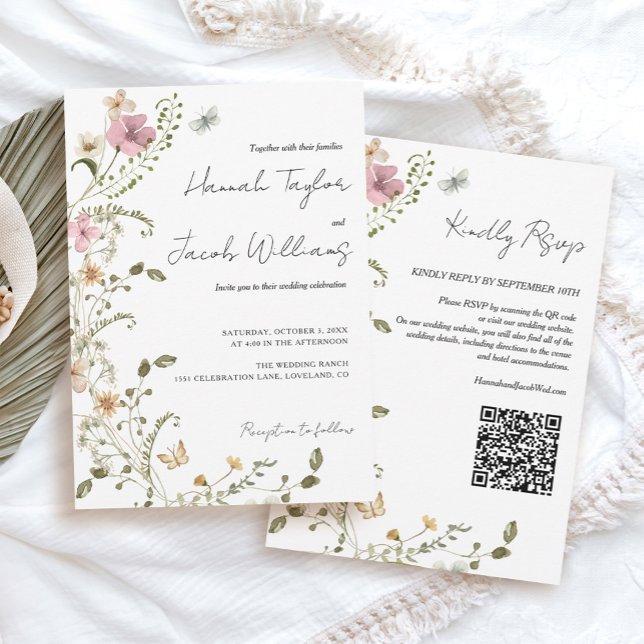 Convites Código de RSVP de Código de flor selvagem (wildflower qr code wedding invitation template)