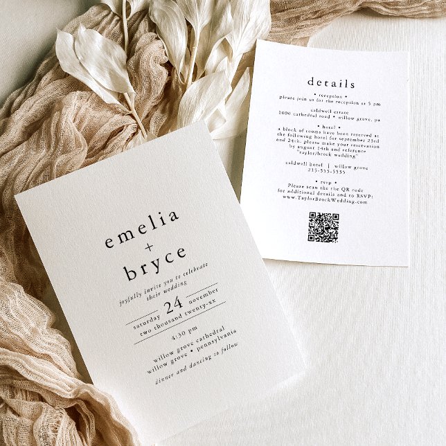 Convites Código EMELIA QR Rustic Simple Modern Boho Casamen (EMELIA QR Code Rustic Simple Modern Boho Wedding Invitation)