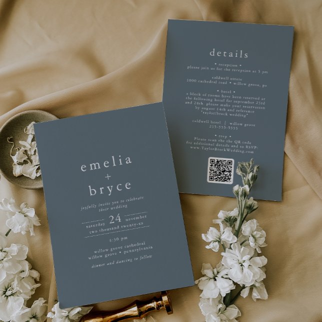 Convites Código EMELIA QR Simple Boho Marinho Dark Blue Wed (EMELIA QR Code Simple Boho Navy Dark Blue Wedding Invitation)