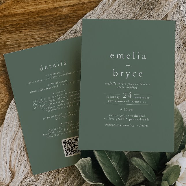 Convites Código EMELIA QR Verde Russo Simples Casamento Mod (EMELIA QR Code Green Rustic Simple Modern Wedding Invitation)