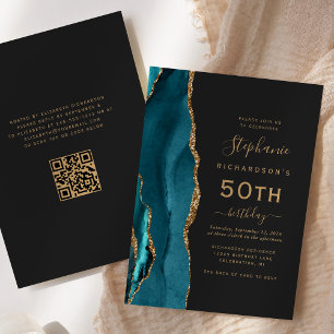 Convites Código QR Ágata Azul Teal Dourado Aniversário de 5