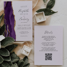 Convites Código QR Ágata Lavanda Dourada Roxo Casamento