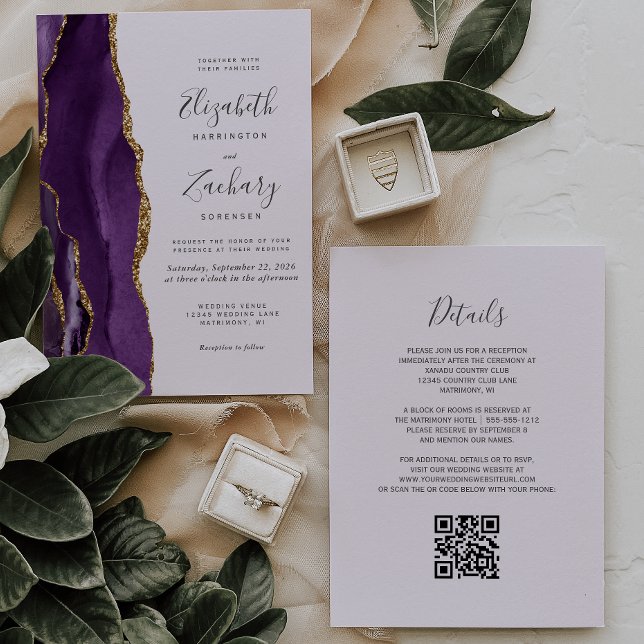 Convites Código QR Ágata Lavanda Dourada Roxo Casamento (Criador carregado)