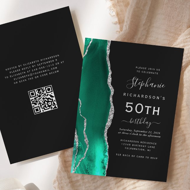 Convites Código QR Ágata Prata Verde Espuma do Mar para Ani (Criador carregado)