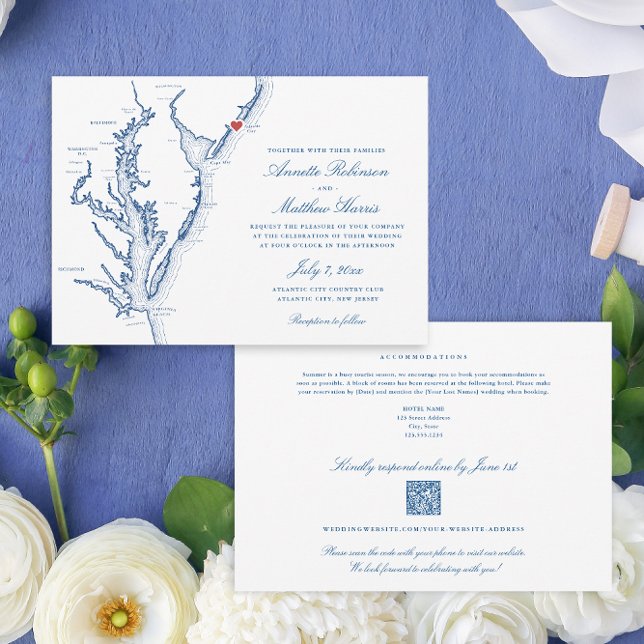 Convites Código QR All-in-one do Atlantic City NJ Casamento (Atlantic City NJ All-in-One QR code Wedding invitation from Coastal Map Designs)