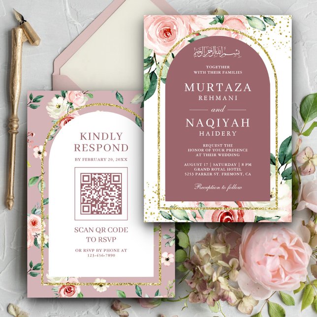 Convites Código QR Arco Rosa Empoeirado Floral Rosa Casamen (Criador carregado)