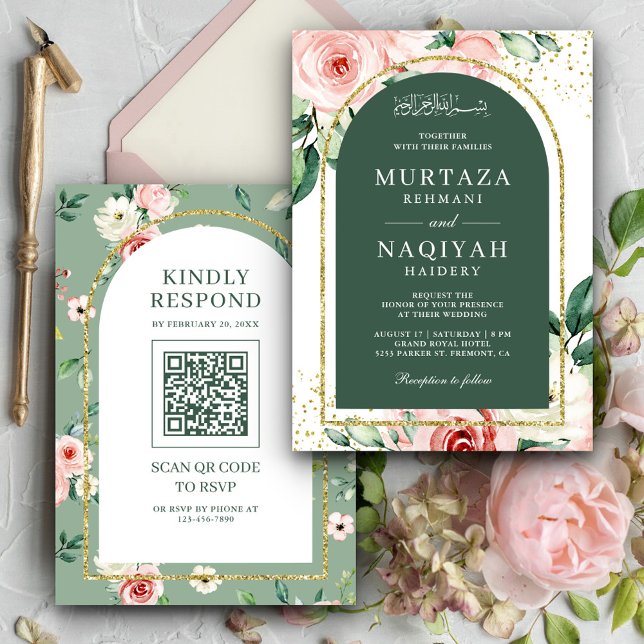 Convites Código QR Arco Verde Floral Rosa Casamento Muçulma (Criador carregado)