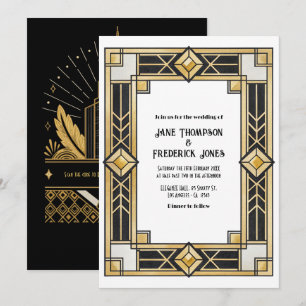 Convites Código QR Art Déco Preto e Dourado para RSVP de Ca