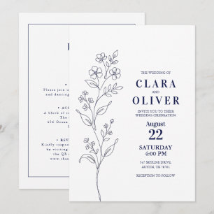 Convites Código QR Arte de Linha Floral Azul-Marinho Modern