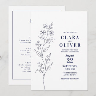 Convites Código QR Arte de Linha Floral Azul-Marinho Modern