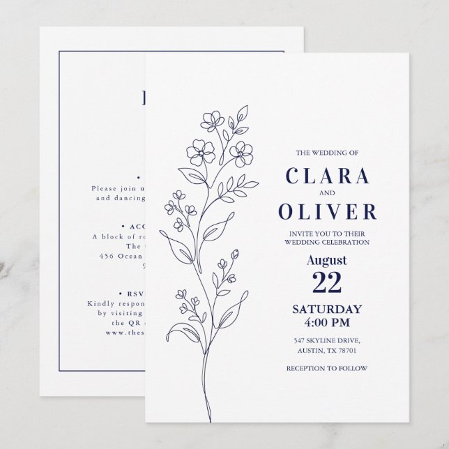 Convites Código QR Arte de Linha Floral Azul-Marinho Modern (Frente/Verso)