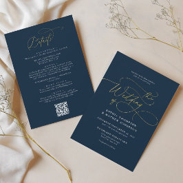 Convites Código QR Azul Dourado Elegante Marinho Todos em u