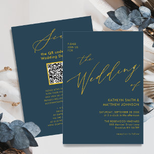 Convites Código QR Azul Dusty Tudo Em Um Casamento Dourado 