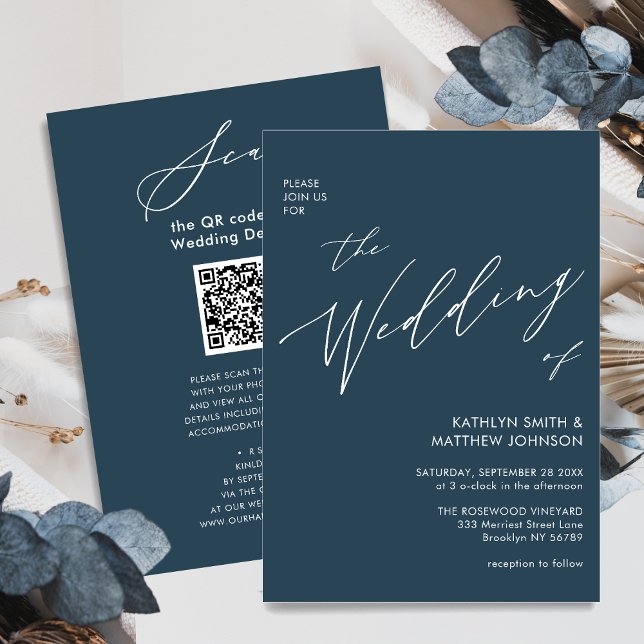 Convites Código QR Azul Dusty Tudo Em Um Casamento Minimali (Criador carregado)